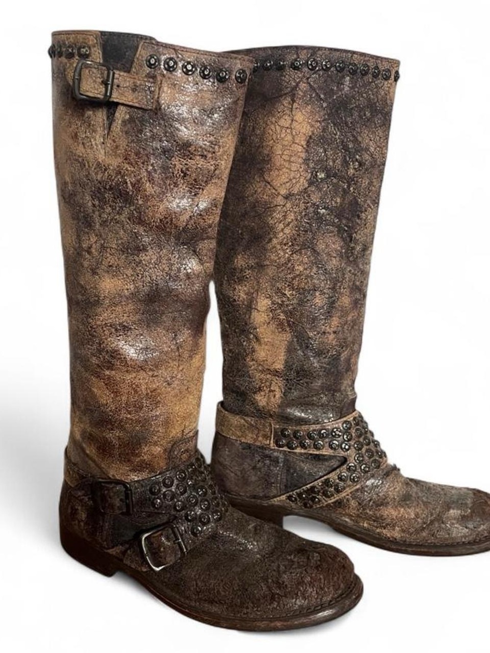 Frye Distressed Brown Studded Leather Knee Riding Boots - Picture 1 of 7